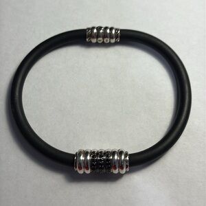 John Hardy Sterling Silver and Black rubber bracelet with 3 rows of black stones